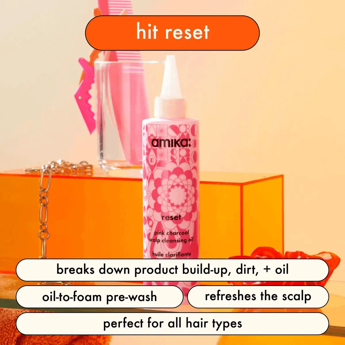 hit reset
              breaks down product build-up, dirt, + oil
              oil-to-foam pre-wash
              refreshes the scalp
              perfect for all hair types. let's break it down INDIAN CRESS
              promotes a balanced,
              healthier-looking scalp
              NATURAL CHARCOAL
              + PINK CLAY
              helps to get rid of
              impurities + odors,
              SUNFLOWER OIL
              helps to clean oil-
              soluble dirt + grime
              COOLING MENTHOL
              invigorates the scalp.
              Before, After hair untouched. great hair starts at the scalp
              clarify + remove
              buildup
              eset
              ifying
              el-shompoo
              hydrate + restore
              moisture balance
              pre-wash to break
              down product bulidup
              coollng gel
              conditioner
              r*oidissopt cn get
              telly ampoo
              exfoli
              exfoliate + deep clean. Before, After hair untouched.
              