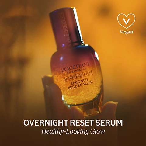 Image 1, overnight reset serum, healthy looking glow - vegan. image 2, overnight reset serum healthy looking glow. 10/10 would recommend. made with 92% natural origin ingredients. satisfaction tested on 30 women. image 3, your night time duo for glowing skin. 1 = treat. 2 = moisturise. image 4, 3,000 antioxidant rich golden bubbles in every bottle. improves skin's firmness and texture. revives the complexion overnight. image 5, light gel texture with a satin smooth finish. image 5, available in eco refill. made with 95% less packaging