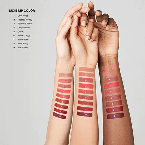 Image 1 to 3-Model arm swatches of Luxe Lip Colour in all shades