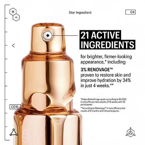 Image 1, star ingredient, 21 active ingredients, for brighter, firmer looking appearance including 3% renovage proven to restore skin and improve hydration by 34% in just 4 weeks. *helps diminish age spots according to BV-OSC in vivo efficacy test results of 16 weeks with 10 participants. **according to renovage in vivo efficacy test results of 6 months with 24 participants. Image 2, 10$ vitamin c, 5% vitamin e, 1% bakuchiol, teprenone, coenzyme Q10, 11 oils. Image 4, customer review, holly says, my skin was glowing the next morning, i could not believe the difference in the appearance of my skin the next morning. i have good skin but this is next level and calmed all the redness. during winter, i was dealing with a little flakiness, but with this oil it was all gone. some people have commented on the strong odor from the black seed oil which is incredibly good for skin and totally worth it for the resilt. a little goes a long way, i can't wait to see the long term results of this one. Image 5, dosage, 3 pumps all over face, eye area and neck am and or pm.