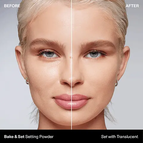 Before. After. Bake & Set Setting Powder. Set with Translucent. ULTIMATE STAYING POWER. ALL-DAY SETTING. Locks in your look for up to 16 hours of wear & minimizes shine for up to 24 hours*. SOFT, NATURAL FINISH, Sweeps on with an imperceptible, silky, lightweight feel, while smoothing pores & fine lines. VERSATILE APPLICATION, Available in mini, regular & jumbo sizes for on-the-go or everyday artistry. *Based on a clinical study of 32 subjects when worn with foundation vs. when wearing foundation alone. Before. After. Bake & Set Setting Powder. Set with Translucent Rich. Bake & Set. Setting Powder. MINI MEETS MAJOR. A must-have—now available in three sizes. MINI for on-the-go setting, REGULAR for everyday setting, JUMBO for setting with savings. Before. After. Bake & Set Setting Powder. Set with Translucent, brightened with Banana. Find your bake and set shade. Fair skin tones Set Translucent. Brighten & Colour Correct Brightening Pink. Light Skin Tones, Translucent, Brightening Pink, Banana. Medium Skin Tones, Translucent, Brightening Pink, Banana. Tan Skin Tones, Translucent, Banana. Rich Skin Tones, Translucent Rich, Banana Rich. Deep Skin Tones, Translucent Rich, Banana Rich.