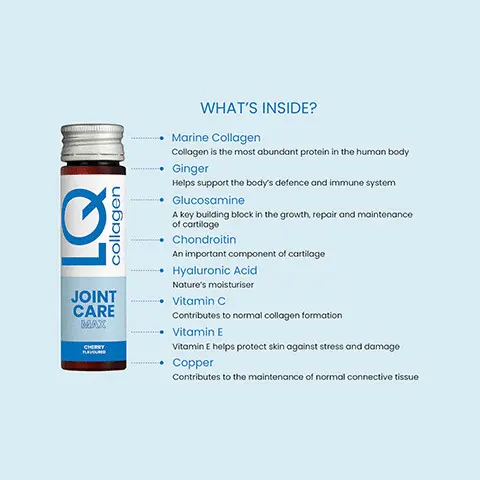 
              50ml
              One bottle (50ml)
              JOINT
              CARE
              collagen
              W OL
              JOINT
              Shake well
              a day.
              Drink one a day
              day supply
              Results in 30 days
              30. WHAT'S INSIDE?
              collagen
              Marine Collagen Collagen is the most abundant protein in the human body Ginger Helps support the body's defence and immune system Glucosamine A koy building block in the growth, repair and maintenance of cartilage Chondroitin An important component of cartilage Hyaluronic Acid Nature's moisturiser Vitamin C Contributes to normal collagen formation Vitamin E Vitamin E helps protect skin against stress and damago Copper Contributes to the maintenance of normal connective tissue
              JOINT CARE RAX. LQ JOINT CARE
              collagen | MAX
              %NRV
              100 100 15
              NUTRITIONAL INFORMATION
              Average per 50ml
              daily bottlo VITAMINE
              12mg TE VITAMIN C
              80mg COPPER
              150ug MARINE COLLAGEN
              2000mg GLUCOSAMINE
              500mg CHONDROITIN SULPHATE
              500mg GINGER EXTRACT
              375mg HYALURONIC ACID
              30mg NRV = Nutriont reference value * No NRV defined. 50ml
              One bottle (50ml)
              JOINT
              CARE
              collagen
              WILOT
              Shake well
              a day.
              Drink one a day
              day supply
              Results in 30 days
              30