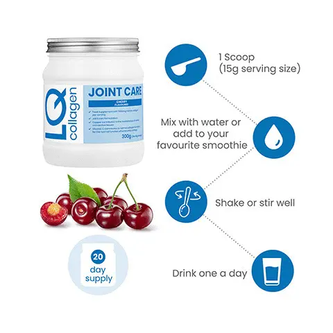 1Scoop
              (15g serving size)
              Mix with water or
              add to your
              favourite smoothie.
              S8Se Shake or stir well
              Drink one a day. JOINT CARE + Great Tasting Cherry Flavour, Premium Formula, Marine Collagen, Glucosamine, Hyaluronic Acid, Magnesium, Ginger, Copper, Vitamin, + 300g Tub, 20159 Daily Serving, + Collagen Powder, 5,000 mg Premium, Marine Collagen.JOINT CARE
              LQ POWDER
              NUTRITIONAL INFORMATION
              ‘Avorageperisg —%NRV
              daily intake
              VITAMINE Tamg Te 100
              VITAMIN ‘omg 100
              MAGNESIUM, sSemg 15
              ‘COPPER 150g 15
              MARINE COLLAGEN. ‘5000mg 2
              ‘GLUCOSAMINE ‘500mg, E
              ‘GINGER EXTRACT 75mg a
              HYALURONIC ACID omg a
               