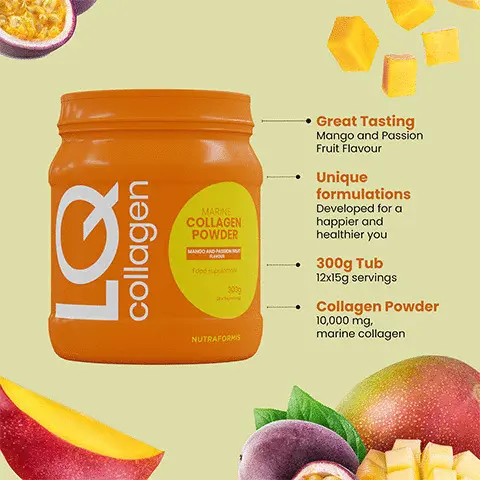 
              1Scoop
              (15g serving size)
              Mix with water , favourite smoothie, Shake or stir well, day Drink one a day. Mango and Passion. Fruit Flavour, Developed for a happier and
              healthier you. 10,000 mg, marine collagen. La MARINE COLLAGEN .11.9. POWDER MANGO AND PASSION FRUIT FLAVOUR 
              NUTRITIONAL INFORMATION 
              nbilno CV.gon 
              