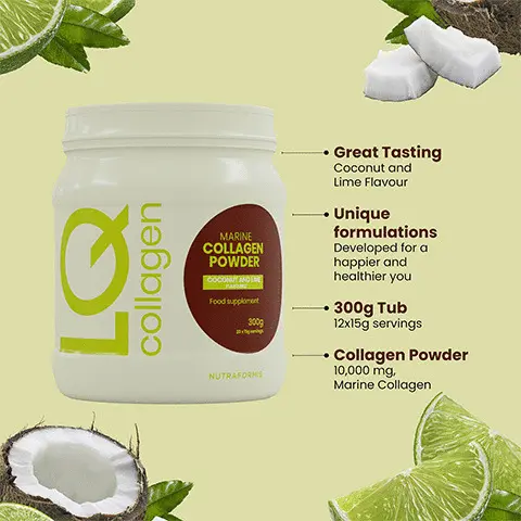 + Great Tasting
              Coconut and
              lime Flavour
              + Unique
              formulations
              Developed fora
              hopper ang
              healthier you
              + 300g Tub
              2x'5g servings
              + Collagen Powder
              10,000 mg,
              Marine Collagen, 1Scoop
              (18g serving size), Mix with water or add to your favourite smoothie, Shake or stir well, 
              day Drink one a day supply, IQ MARINE COLLAGEN POWDER COCONUT AND LIME FLAVOURED 
              NUTRITIONAL INFORMATION 
              10,000mg 