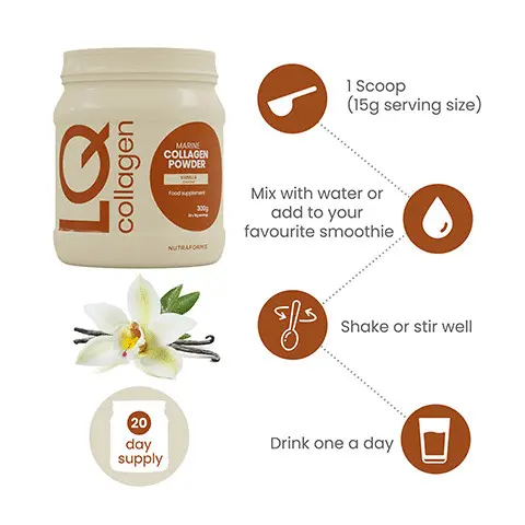 1Scoop (15g serving size) Mix with water or add to your favourite smoothie. Shake or stir well. Drink one a day.   Mase
              COLLAGEN POWDER 
              + Great Tasting Vanilla Flavour
              + Unique formulations Developed for a happier and heathier you.
              + 300g Tub 12xI8g servings
              + Collagen Powder 10,000 me, marine collagen