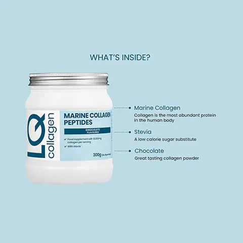 MARINE COLLAGEN PEPTIDES, LQ collagen.
              NUTRITIONAL INFORMATION
              Averageperi5g %NRV
              daily intake
              MARINE COLLAGEN, 12000mg,
              HYDROLYSATE
              NRV=Nutrient reference value
              No NRV defined.   + Great Tasting Chocolate Flavour
              + Unique MARINE COLLAGEN formulations 
              visemes |, 300g Tub
              Cred 12x15g servings
              + Collagen Powder 12,000 mg premium — ‘marine collagen. WHAT'S INSIDE?
              + Marine Collagen is the most abundant protein. 1Scoop (8g serving size)Mix with water or add to your favourite smoothie. Shake or stir well
              Drink one a day
