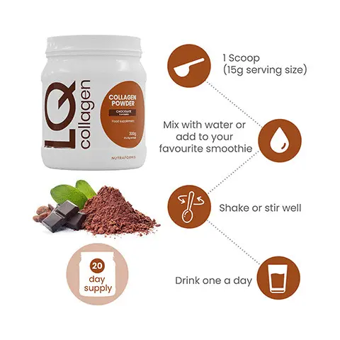 COLLAGEN POWDER CHOCOLATE FLAVOURED. LQ collagen. + Great Tasting Chocolate Flavour. Unique formulations Developed for a happier and healthier you. + 300g Tub 12x5g servings. Collagen Powder 10,000 mg premium bovine collagen. Mix with water or your favourite smoothie. Shake or stir well, day Drink one a day.
