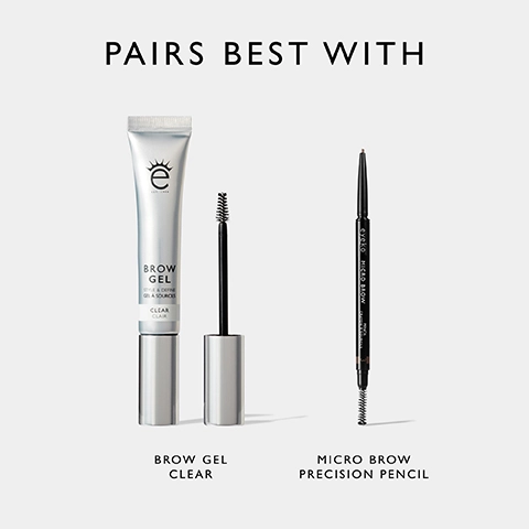 Image of a silver tube of clear brow gel with a spoolie brush beside it and a black micro brow precision pencil, with the text PAIRS BEST WITH at the top and product names BROW GEL CLEAR and MICRO BROW PRECISION PENCIL below each item.