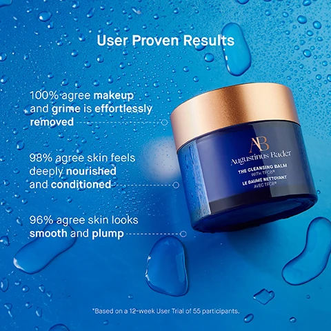 Image 3 - A blue background with water droplets features a glass jar of cleansing balm labeled Augustinus Bader, along with text summarizing user results: 100% agree makeup and grime is effortlessly removed, 98% agree skin feels deeply nourished and conditioned, 96% agree skin looks smooth and plump, with a note that results are based on a 12-week user trial of 55 participants.
              Image 4 - A blue gradient background features a jar of Augustinus Bader The Cleansing Balm with a gold lid, surrounded by text highlighting key ingredients: TFC8® provides optimal conditions for skin cellular renewal, Vitamin E helps retain moisture and protect against damage, Coconut Oil stimulates collagen production, and Sunflower Oil deeply replenishes dehydrated skin.
              Image 5 - Image shows a three-step skincare routine featuring product jars and instructions: Step 1 shows a jar of The Cleansing Balm with instructions to massage a pea-sized amount into dry skin; Step 2 shows the same balm and includes the instruction to add water and use a cloth to remove impurities; Step 3 features two cleansing products with directions to follow with a cleanser and rinse thoroughly.
              Image 6 - Image shows three skincare cleansers on a blue background: The Cream Cleansing Gel bottle on the left with Texture Lightweight gel cleanser, Key Benefits Soothing & Hydrating, Key Concerns Dryness, irritation/redness, pores, uneven texture, Ideal For All skin types, dry or irritated skin; The Foaming Cleanser tube in the middle with Texture Cream-to-foam cleanser, Key Benefits Illuminating & Balancing, Key Concerns Oil, pores, uneven tone, makeup removal, Ideal For Normal to oily skin types, blemish-prone skin; The Cleansing Balm jar on the right with Texture Balm-to-oil cleanser, Key Benefits Nourishing & Calming, Key Concerns Dryness, irritation/redness, stubborn makeup, Ideal For Normal to very dry skin.
              Image 7 - A skincare routine titled The Routine outlines five steps: 1. Cleanse with The Cream Cleansing Gel / The Cleansing Balm, 2. Tone & Exfoliate with The Essence, 3. Correct & Illuminate with The Serum, 4. Balance & Hydrate with The Light Cream, and 5. Revitalize & Refresh with The Eye Cream.