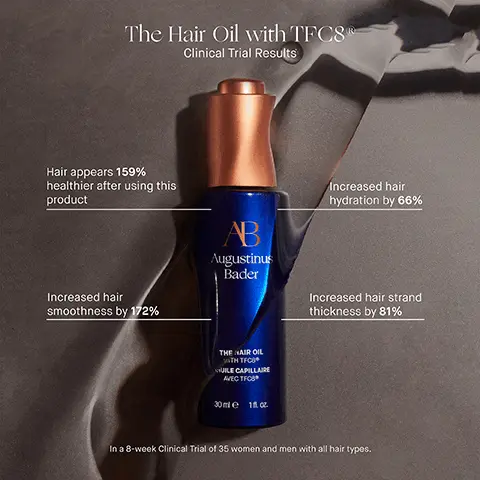 Image 1, The Hair Oil with TFC8 Clinical Trial Results Hair appears 159% healthier after using this product Increased hair smoothness by 172% AB Augustinus Bader Increased hair hydration by 66% Increased hair strand thickness by 81% THE AIR OIL ATH TFCO UILE CAPILLAIRE AVEC TFCS 30 mle 1 cz In a 8-week Clinical Trial of 35 women and men with all hair types. Image 2, BEFORE AB Augustinus Bader Increases hair smoothness and thickness AFTER 12 WEEKS