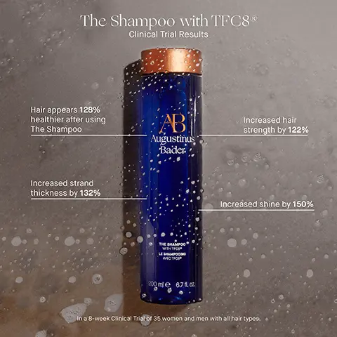 Image 1, The Shampoo with TFC8 Clinical Trial Results Hair appears 128% healthier after using The Shampoo Increased strand thickness by 132% AB Increased hair strength by 122% Augustinus Bader. THE SHAMPOO WITH TROO LE SHAMPOOING АЛСТРОВ 200 ml 67102 Increased shine by 150% In a 8-week Clinical Trial of 35 women and men with all hair types. Image 2, AB Augustinus Bader BEFORE Increases hair hydration, shine, and thickness AFTER 12 WEEKS
