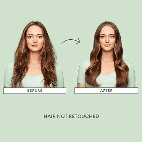 Image 1, before and after shots of product use. Hair appears smoother and more glossy in the after shot. Text- Hair Not Retouched. Image 2, Showing products in the range. Text- Briogeo Superfoods collection nourishes and hydrates hair with fruits, vegetables and vitamins