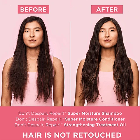 Image 1 - Image depicts a woman with long hair, shown in two panels labeled Before on the left and After on the right, with visible text below stating Dont Despair, Repair!™ Super Moisture Shampoo, Dont Despair, Repair!™ Super Moisture Conditioner, Dont Despair, Repair!™ Strengthening Treatment Oil, HAIR IS NOT RETOUCHED.
              Image 2 - A split image showing a woman with a short afro hairstyle, labeled BEFORE on the left and AFTER on the right, with text below stating Dont Despair, Repair! Super Moisture Shampoo, Dont Despair, Repair! Super Moisture Conditioner, Dont Despair, Repair! Strengthening Treatment Oil, and HAIR IS NOT RETOUCHED.
              Image 3 - Image features three hair care ingredients: b vitamins with capsules, algae extract alongside a leaf and liquid droplets, and micro-encapsulated argan oil with a textured ingredient, along with text describing their benefits.
              Image 4 - A bottle of Briogeo Dont Despair, Repair! super moisture conditioner is placed beside an aloe vera plant, with a light pink background and text stating scientifically proven hair care and scientifically proven to decrease hair breakage after 2 uses.
              Image 5 - Image features a collection of Briogeo hair care products on a pink background, including shampoo, conditioner, deep conditioning mask, and nourishing oil, with text that says Dont Despair, Repair! scientifically proven to strengthen damaged hair and prevent future breakage.