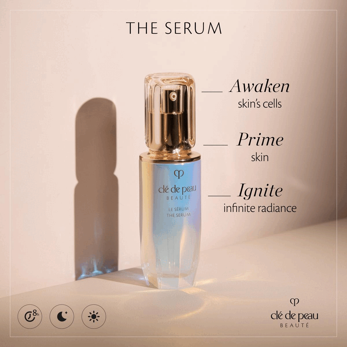 Image 1, the serum awaken skin's cells prime skin ignite infinite radiance. Image 2, Ingredient breakdown and their benefits. Image 3, Daily ritual with the serum, hydro-softening lotion and protective fortifying emulsion