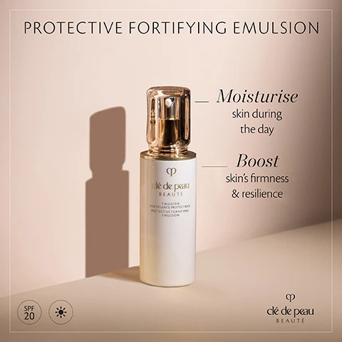 Image 1 - A white bottle of protective fortifying emulsion from Clé de Peau Beauté with a gold cap, casting a shadow against a light background, featuring text that reads Protective Fortifying Emulsion, Moisturise skin during the day, Boost skins firmness & resilience, and SPF 20.
              Image 2 - An image displaying three skincare products arranged on a light surface: a blue serum labeled le serum The Serum, a golden hydro-softening lotion labeled Hydro-Softening Lotion, and a white protective fortifying emulsion labeled Protective Fortifying Emulsion, with the text Key Radiance Care Day Ritual above and numbered steps 1 Awaken, 2 Nurture, and 3 Boost beside each product.