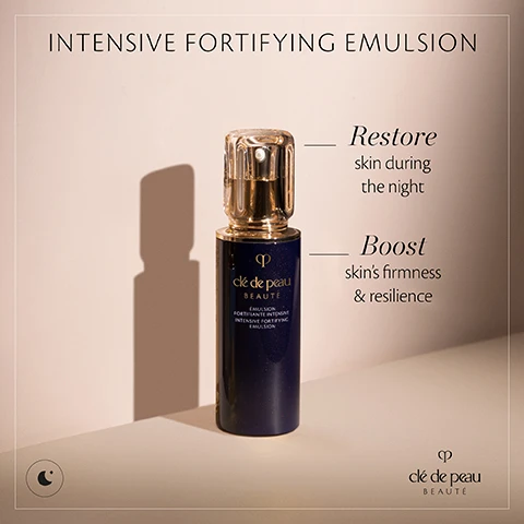 Image 1 - A sleek, blue bottle of Clé de Peau Beauté Intensive Fortifying Emulsion is shown against a light background, with text that reads Restore skin during the night and Boost skins firmness & resilience.
              Image 2 - An elegant image featuring five ingredients laid out on a dark surface, with labels for each: Perilla, Platinum Golden Silk, Theanine, Angelica Acutiloba, and Japanese Pearl, accompanied by the text SKIN-EMPOWERING ILLUMINATOR and 5 precious ingredients to support your skins ability to restore & protect itself at the top.
              Image 3 - Three skincare products are displayed against a softly lit background, with the labels reading 1 Awaken The Serum, 2 Nurture Hydro-Softening Lotion, and 3 Boost Intensive Fortifying Emulsion, all from Clé de Peau Beauté.