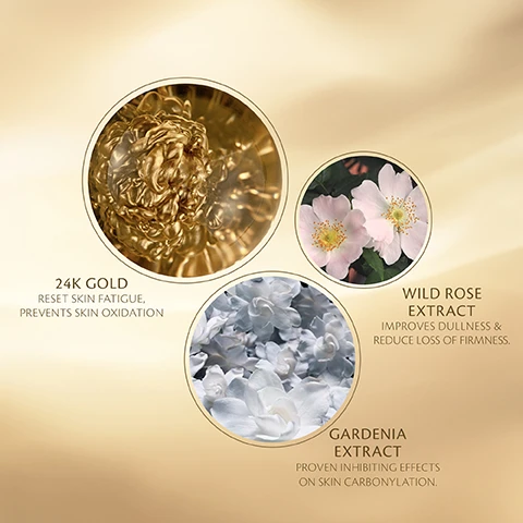 Image 1 - The image features three circular sections showcasing ingredients: a close-up of golden swirls representing 24K gold with the text 24K GOLD RESET SKIN FATIGUE, PREVENTS SKIN OXIDATION; pink wild roses with the text WILD ROSE EXTRACT IMPROVES DULLNESS & REDUCE LOSS OF FIRMNESS; and white flowers representing gardenia with the text GARDENIA EXTRACT PROVEN INHIBITING EFFECTS ON SKIN CARBONYLATION, all set against a soft golden background.
              Image 2 - A golden skincare serum and cream are displayed on a reflective surface, with visible text highlighting a 34% reduction in wrinkles, 24% increase in firmness, and 21% increase in luminosity, along with the product names and a note about clinical results in six weeks.
              Image 3 - The image shows a collection of skincare products including a gold serum, a gold mask jar, and a brush, with a gold cream-like texture in the background; visible text includes STEP 01 RESTORE SKINS VITALITY and STEP 02 RESET WEEKLY DAMAGE.