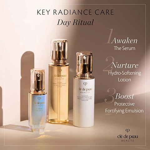 Image 1, key radiance care, day ritual. 1 = awaken with the serum. 2 = nurture with hydro softening lotion, 3 = boost with protective fortifying emulsion. Image 2, key radiance care 3 steps for infinite radiance. 89% felt their skin was in optimal condition after use*. 85% saw an increase in skin radiance*. *tested in the US byu 108-110 caucasian women aged 30-65 years old. march 16 - may 29 2018 after 4 weeks of use. tested items, the serum, hydro-clarifying lotion, protective fortifying emulsion and intensive fortifying emulsion