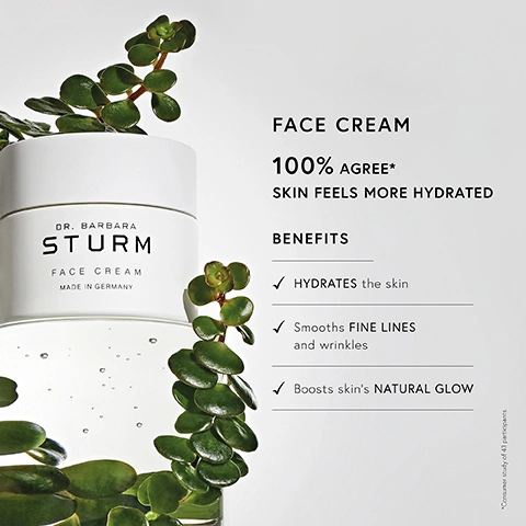 Image 2 - A white cosmetic jar labeled DR. BARBARA STURM FACE CREAM MADE IN GERMANY is partially submerged in water with green succulent plant leaves surrounding it, alongside text that declares: FACE CREAM, 100% AGREE* SKIN FEELS MORE HYDRATED. BENEFITS: HYDRATES the skin, Smooths FINE LINES and wrinkles, Boosts skins NATURAL GLOW, followed by a small rotated disclaimer *Consumer study of 43 participants.