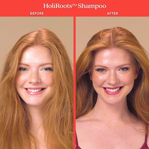 image 1 and 2, holiroots shampoo before and after. image 3, the holiroots ritual. all hair types, no silicones, cruelty free, vegan formula