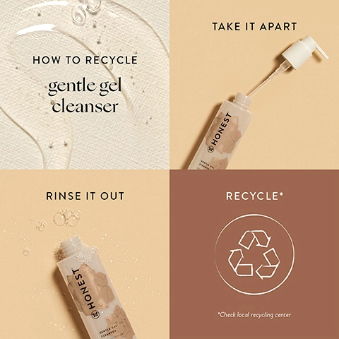 how to recycle gentle gel cleanser. 1 = take it apart. 2 = rinse it out. 3 = recycle *check local recycling centre.