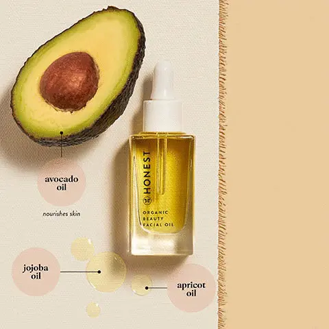 Image 1, avocado oil nourishes skin. jojoba oil and apricot oil. Image 2, how to recycle organic beauty facial oil - take it apart, rinse it out, recycle