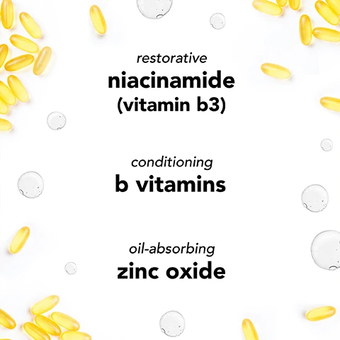 restorative niacinamide (vitamin b3), conditioning b vitamins, oil absorbing zinc oxide