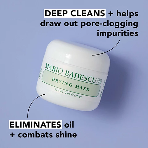 Image 1, deep cleans and helps draw out pore clogging impurities. eliminates oil and combats shine. image 2, oil inhibiting sulfur. clarifying kaolin, soothing calamine.