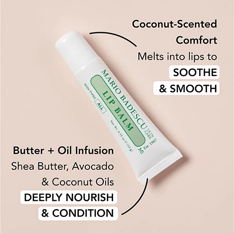 Image 1 - A tube of Mario Badescu Lip Balm with a coconut-scented comfort label that states it melts into lips to soothe and smooth, and a butter and oil infusion listed as shea butter, avocado, and coconut oils for deep nourishment and conditioning.
              Image 2 - Three lip care products arranged on a pink background: a tube of Mario Badescu Lip Balm labeled Smooth, Buttery comfort for everyday softness, a jar labeled Lip Mask: Rich, Jelly-like Hydration when your lips need extra love, and a caption stating Both keep your lips happy—just depends on your mood.