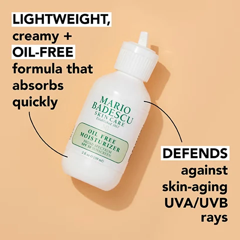 Image 1 - A white bottle of Mario Badescu Oil Free Moisturizer is displayed on a peach background, featuring text that states lightweight, creamy + oil-free formula that absorbs quickly and defends against skin-aging UVA/UVB rays.
              Image 2 - A collection of green plants, including aloe vera, green tea leaves, and St. Johns wort, surrounds three highlighted ingredient descriptions: soothing + hydrating aloe vera, antioxidant-rich green tea extract + st. johns wort, and replenishing glycerin.