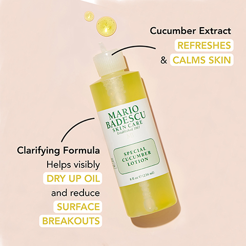 Image 1 - Image of a yellow bottle of Mario Badescu Special Cucumber Lotion with a green label, featuring text that reads Clarifying Formula, Helps visibly dry up oil and reduce surface breakouts, Cucumber Extract, Refreshes and calms skin, and established 1967.