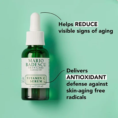 Image 1 - A green background features a brown glass dropper bottle of Mario Badescu Vitamin C serum, with text that states helps REDUCE visible signs of aging and delivers ANTIOXIDANT defense against skin-aging free radicals.
              Image 2 - Image shows an arrangement of ingredients including a halved orange, powders, a clear gel, and round droplets, with text stating antioxidant vitamin c, smoothing collagen, and skin-replenishing sodium hyaluronate.