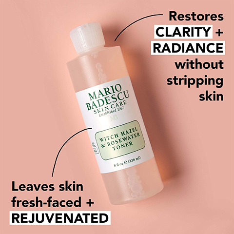 Image 1 - Image of a bottle of Mario Badescu Witch Hazel & Rosewater Toner on a pink background, with text that reads Restores CLARITY + RADIANCE without stripping skin and Leaves skin fresh-faced + REJUVENATED.