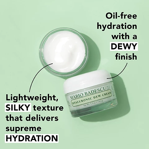 Image 1, oil free hydration with a dewy finish. lightweight silky texture that delivers supreme hydration. image 2, hydrating sodium hyaluronate, replenishing squalane, clarifying thyme extract.