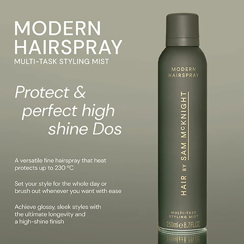 Image 1 - A vertically oriented spray can for hair featuring a matte green finish with white text that reads Modern Hairspray Multi-Task Styling Mist Protect & perfect high shine Dos and additional details about the products features and usage instructions.
              Image 2 - A green hairspray canister labeled Modern Hairspray with five stars, featuring user testimonials that say Im absolutely loving this product...it does everything it promises to do! from Trudi S, Held my fine hair in place and provided body all day. from Caroline F, and Product is very light on hair. No stickiness. Smells amazing. from Caroline B.