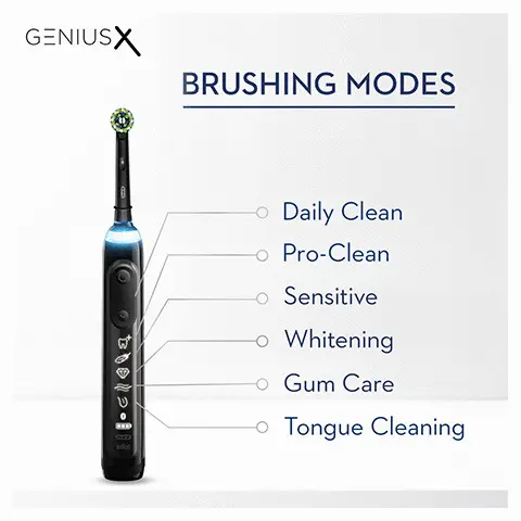 Genius x, 2-week li-on battery, pro-timer, visible pressure sensor, bluetooth smart coaching app, artificial intelligence. Brushing modes, daily clean, pro-clean, sensitive, whitening, gum care, tongue cleaning. Powered by A.I. Recognises your brushing style, guides you yo brush better everyday. 30-day money back guarantee. Oral-B number 1
