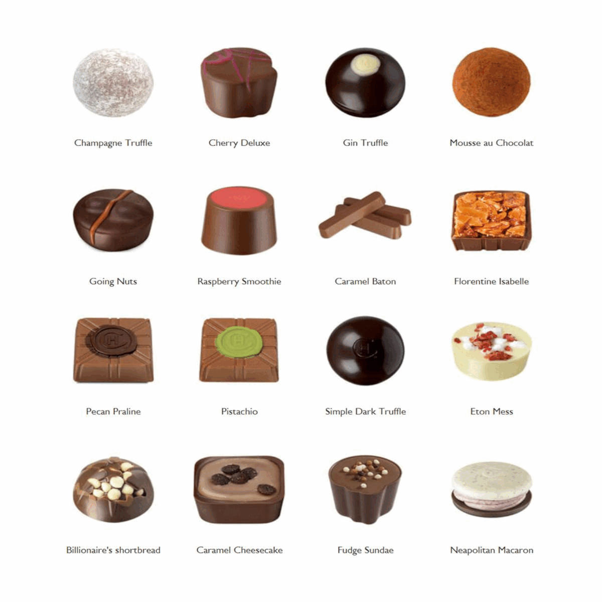 Champagne Truffle, Cherry Deluxe, Gin Truffle, Mousse au Chocolat, Going Nuts, Raspberry Smoothie, Caramel Baton, Florentine Isabelle, Pecan Praline, Pistachio, Simple Dark Truffle, Eton Mess, Billionaire's shortbread, Caramel Cheesecake, Fudge Sundae, Neapolitan Macaron, Carrot Cake, Peanut Butter, 40% Milk Chocolate Baton, 70% Dark Chocolate Batons, White Chocolate Baton, Dizzy Praline, NUTRITIONAL INFORMATION, Suitable for vegetarians, YES, Suitable for vegans, NO, Contains Tree Nuts, YES, Contains Gluten/Wheat, YES, Contains Peanuts, YES, Contains Egg,YES, Contains Milk, YES, Contains Soya, YES, Contains Sulphites, YES, Contains Sesame, NO, Free from alcohol, NO, Free from artificial flavors, YES, Free from artificial colors, YES,NUTRITIONAL INFORMATION,TYPICAL VALUES, PER 100G, Energy KJ / Energy Kcal 2360 570 Fat (g) 39.9 Of which saturates 
            (g) 22.1 Carbohydrate (g) 41.9 Of which sugars (g) 34.8 Protein (g) 7.5 Fibre (g) 7.8 Salt (g) 0.2