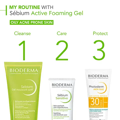 Image 1, MY ROUTINE WITH Sébium Active Foaming Gel OILY ACNE PRONE SKIN Cleanse Care Protect 1 2 BIODERMA LABORATOIRE DERMATOLOGIQUE 3 Sébium Gel moussant actif BIODERMA LABORATOIRE DERMATOLOGIQUE BIODERMA LABORATOIRE DERMATOLOGIQUE Photoderm AKN Mat Nettoyant purifiant intense Desobstrueles pres Diminue les imperfections Intense purifying cleansing active foaming gel Unclogs pres Reduces imperfections Oily to acne-prose skin Sébium Sensitive Soin apaisant anti-imperfections Peaux à tendance acqu Soothing anti-blemish care Sensitive and weakened асперголе SUN ACTIVE DEFENSE 30 PEAUX ATENDANCE CHEQUE ACNE PRONE SKIN Image 2, HOW TO USE Sébium Active Foaming Gel 1 2 3 Apply Sébium Active Foaming Gel until imperfections disappear Work into a foam Rinse and gently dry
