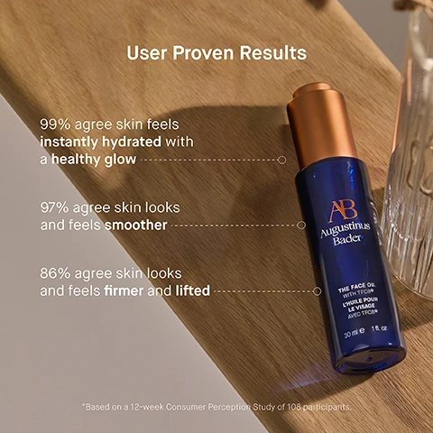 Image 3 - An oil bottle labeled Augustinus Bader rests on a wooden surface with text stating user proven results, including percentages for hydration, smoothness, and firmness, along with a footnote about a consumer perception study.
              Image 4 - A blue bottle of Augustinus Bader face oil with a copper cap sits on a colorful background, featuring text about key ingredients including TFC8®, Babassu Oil, Karanja Oil, and Pomegranate Seed Extract, along with their benefits for skin renewal and protection.
              Image 5 - Image shows a yellow oil drop along with a bottle of face oil on a white background, with text that includes Step 1 Apply 2-3 drops to clean, dry skin as desired and AB Insider Tips 1. Blend with or layer on top of The Cream or The Rich Cream for intense moisturization and locked in hydration 2. Dab The Face Oil over your makeup on high points of the face for a subtle highlight.
              Image 6 - An infographic titled The Routine for Deeply Hydrated Skin displaying a four-step skincare regimen with product names including 1. Cleanse - THE CREAM CLEANSING GEL, 2. Refresh & Smooth - THE EYE PATCHES, 3. Correct & Illuminate - THE SERUM, and 4. Hydrate & Renew - THE RICH CREAM OR THE CREAM OR THE ULTIMATE SOOTHING CREAM OR THE FACE OIL.