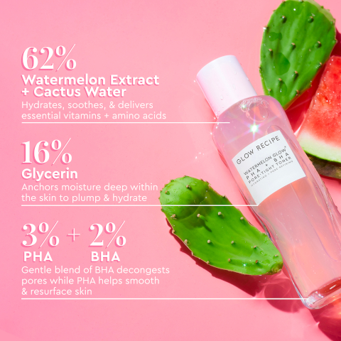 62% Watermelon Extract + Cactus Water Hydrates, soothes, & delivers essential vitamins + amino acids 16% Glycerin Anchors moisture deep within the skin to plump & hydrate 3%+2% PHA BHA Gentle blend of BHA decongests pores while PHA helps smooth & resurface skin GLOW RECIPE WATERMELON GLOW PHA + BHA PORE-TIGHT TONER HYDRATING PORE-REFINING