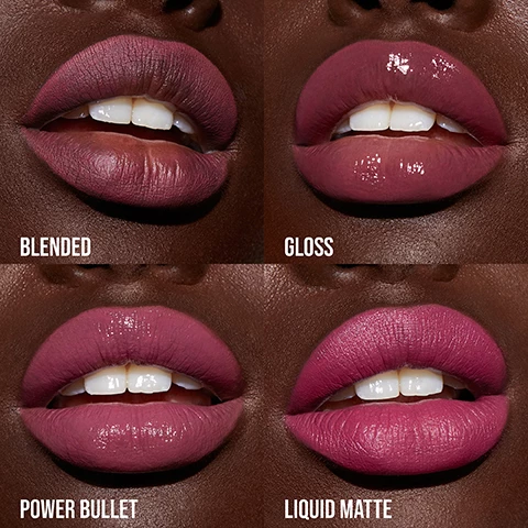 Image 1, blended, gloss, power bullet, liquid matte. image 2, ultra glide, all day wear, transfer proof. image 3, before, overline cupids bow and bottom lip, trace corners, after.