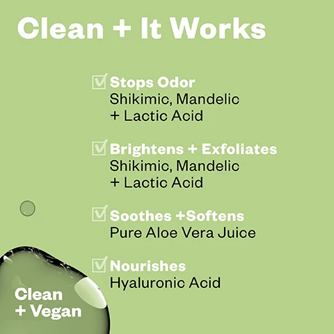 Image 1, clean plus it works. stops odor - shikimic, mandelic and lactic acid. brightens and exfoliates with shikimic, mandelic and lactic acid. soothes and softens with pure aloe vera juice. nourishes with hyaluronic acid. clean and vegan. Image 2, shikimic acid, mandelic acid, lactic acid. fights BO with AHAs. Image 3, tested on people who smell. Image 4, available in serene clean, fragrance free and beachy clean. Image 5, gently pinch from the bottom and apply liberally. Image 5, no baking soda, no aluminum. Image 6, kosasport, skincare powered essentials that support your active lifestyle.