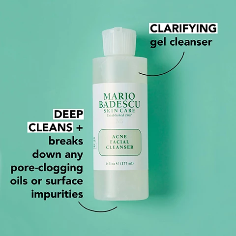 Image 1, clarifying gel cleanser. deep cleans and breaks down any pore-clogging oils or surface impurities. image 2, exfoliating and pore cleansing salicylic acid, clarifying thyme extract, soothing aloe vera and chamomile extract.