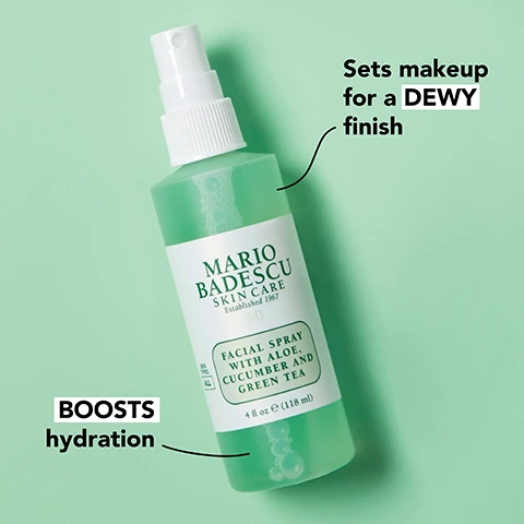 Image 1 - A green bottle of Mario Badescu facial spray with a white label that reads Facial spray with aloe, cucumber and green tea and contains text indicating it boosts hydration and sets makeup for a DEWY finish.
              Image 2 - A flat lay of green aloe vera leaves, cucumber slices, and bladdwrack seaweed with text describing their benefits, including mineral-rich bladdwrack extract, soothing aloe vera, and hydrating cucumber extract.