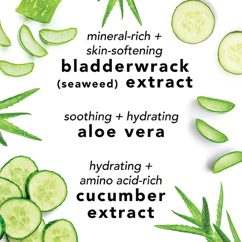 mineral rich and skin softening bladderwrack (seaweed) extract, soothing and hydrating aloe vera, hydrating and amino acid-rich cucumber extract
