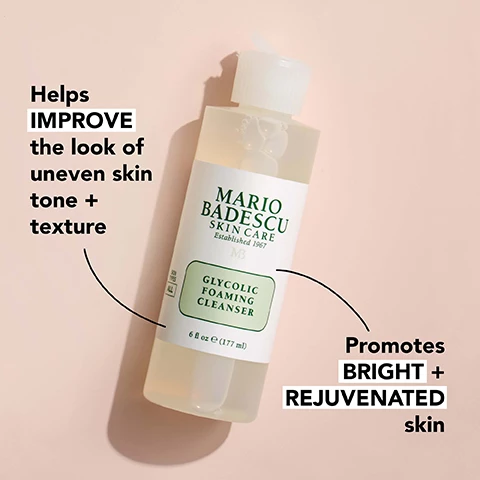 Image 1, helps improve the look of uneven skin tone and texture. promote bright and rejuvenated skin. image 2, exfoliating glycolic acid, antioxidant sage extract, soothing and hydrating aloe vera.
