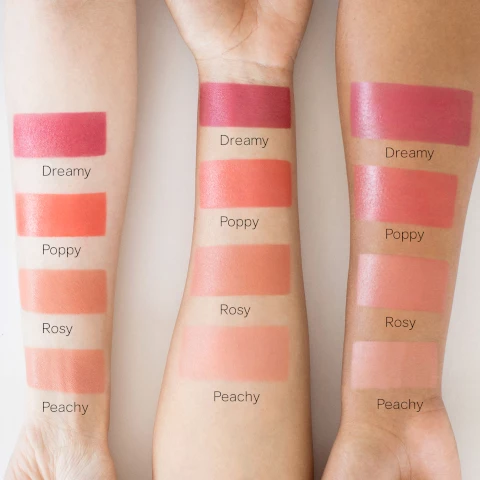 Image 1, swatches on three different skin tones, dreamy, poppy, rosy and peachy. Image 2, brightening mulberry extract, radiance elderberry extract, nourishing and soothing evening primrose extract.