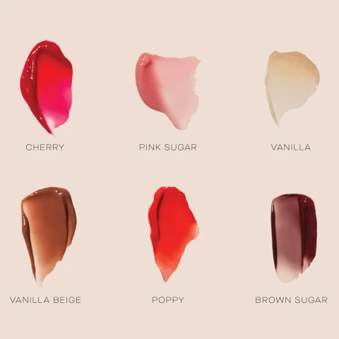 swatches of the 6 shades, cherry, pink sugar, vanilla, vanilla beige, poppy and brown sugar.