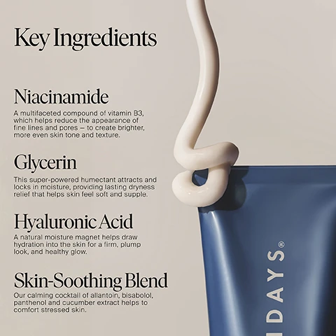 Image 1, key ingredients. niacinamide = a multifaceted compound of vitamin B3, which helps reduce the appearance of fine lines and pores to create brighter, mor even skin tone and texture. glycerin = this super powered humectant attracts and locks in moisture, providing lasting dryness relief that helps skin feel soft and supple. hyaluronic acid = a natural moisture magnet helps draw hydration into the skin for s firm, plump look and healthy glow. skin soothing blend = our calming cocktail of allantoin, bisabolol, panthenol and cucumber extract helps to comfort stressed skin. image 2, jet lag mask and moisturiser. calms skin, instantly hydrates. use as a daily moisturiser and mask. image 3, jet lag mask. soothes and calms. instantly hydrating. helps brighten and renew skin. image 4, multi tasking mask and moisturiser. 1 = daily moisturiser. 2 = 10 minute mask. 3 = overnight face mask. 4 = in flight hydration. 5 = hand cream. image 5, 100% of participants saw an increase in moisturisation and hydration 8 hours after application. 97% thought their skin was softer, smoother and soothed 8 hours after application. 94% noticed an improvement in overall skin texture 8 hours after application. in a consumer study with 33 participants aged 25-55 using jet lag mask.
